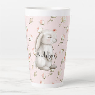 Chic Pink Cute Bunny Rose Floral Latte Mug