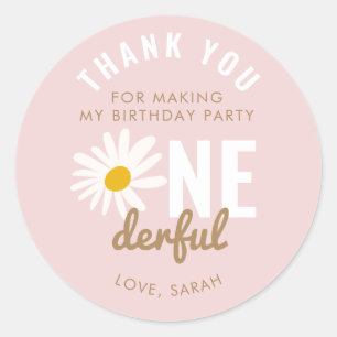 Chic Pink Daisy Flower ONEderful Birthday Favor Classic Round Sticker