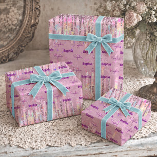 Chic Pink Damask Dripping Glitter Unicorn Wrapping Paper Sheets