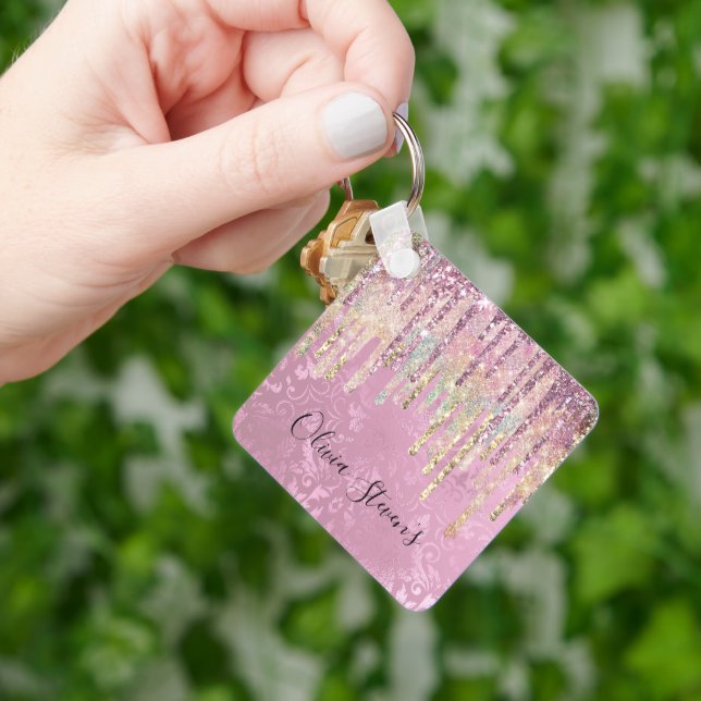Chic pink damask dripping unicorn glitter monogram keychain (Hand)