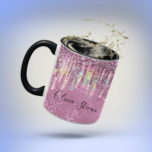 Chic pink damask dripping unicorn glitter monogram mug