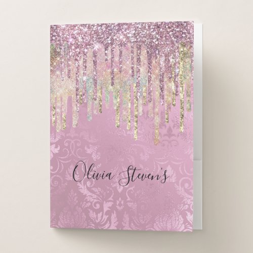 Chic pink damask dripping unicorn glitter monogram pocket folder