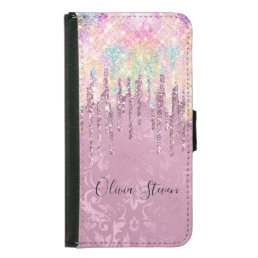 Chic pink damask dripping unicorn glitter monogram samsung galaxy s5 wallet case