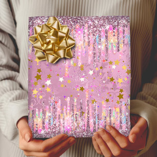 Chic pink damask dripping unicorn glitter wrapping paper