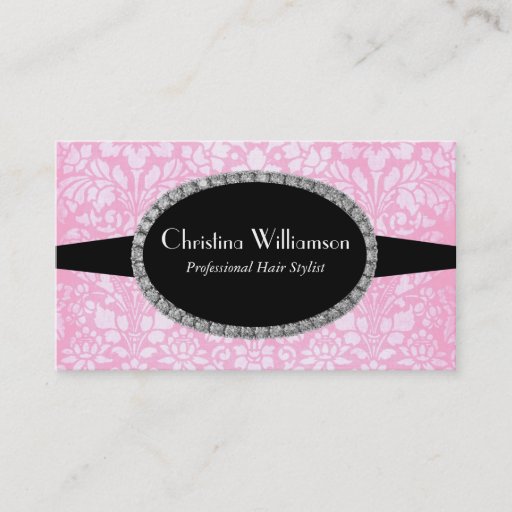 Customizable Chic pink Damask Rhinestones Business Cards