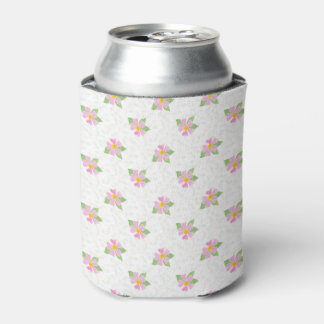 Chic Pink Dog Roses on Textured White Can Cooler