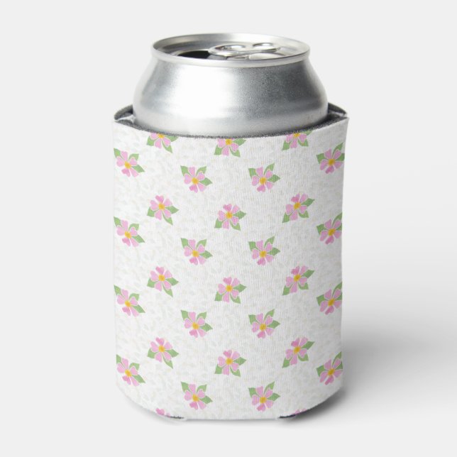 Chic Pink Dog Roses on Textured White Can Cooler (Can Front)