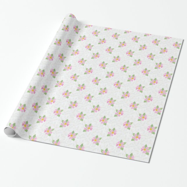 Chic Pink Dog Roses, Textured White Wrapping Paper (Unrolled)