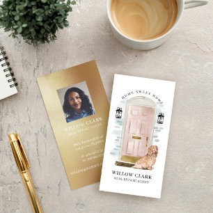 Chic Pink Door Luxury Gold Real Estate Agent Photo Business Card