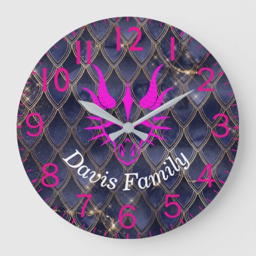 Chic Pink Dragon Head on Blue Dragon Scales Large Clock