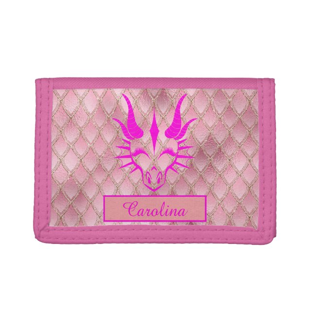 Chic Pink Dragon Head & Pink Dragon Scales Trifold Wallet (Front)