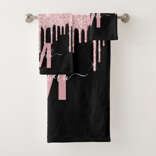 Chic Pink Dripping Glitter Monogram Name Bath Towel Set