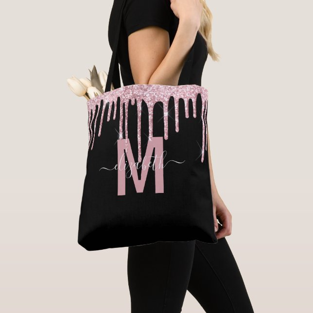Chic Pink Dripping Glitter Monogram Name Tote Bag (Close Up)