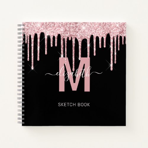 Chic Pink Dripping Glitter Monogram Sketch Notebook