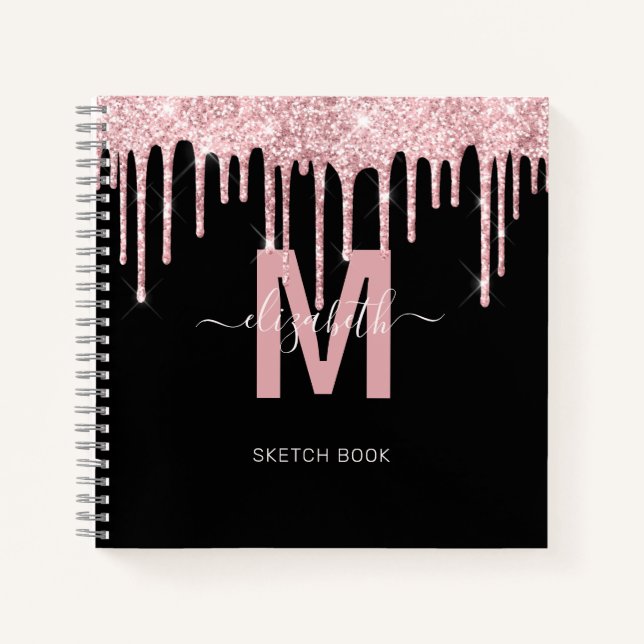 Chic Pink Dripping Glitter Monogram Sketch Notebook (Front)