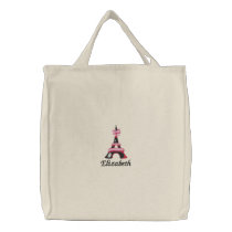chic Pink Eiffel Tower Paris Personalized Embroidered Tote Bag
