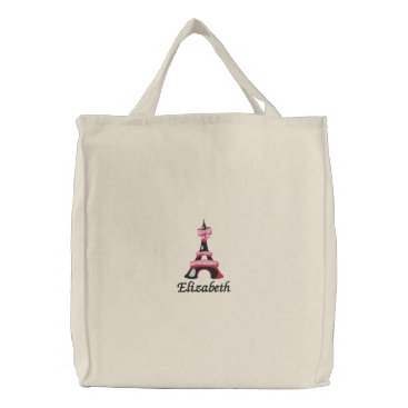 chic Pink Eiffel Tower Paris Personalized Embroidered Tote Bag