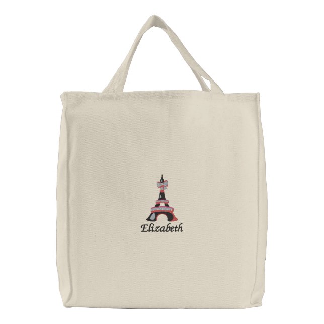 chic Pink Eiffel Tower Paris Personalized Embroidered Tote Bag (Front)