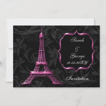 chic pink eiffel tower Paris wedding invitation