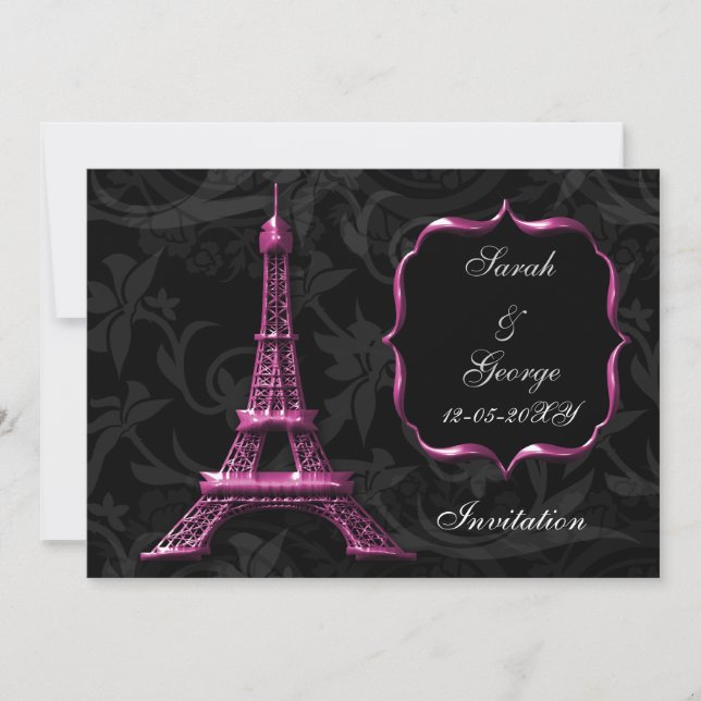 chic pink eiffel tower Paris wedding invitation (Front)