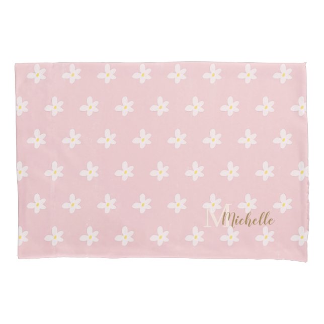 Chic Pink Farmhouse Sweet Daisies Trend Monogram  Pillow Case (Front)