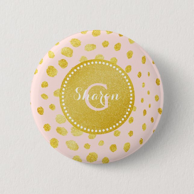 Chic pink faux gold glitter cheetah print monogram button (Front)