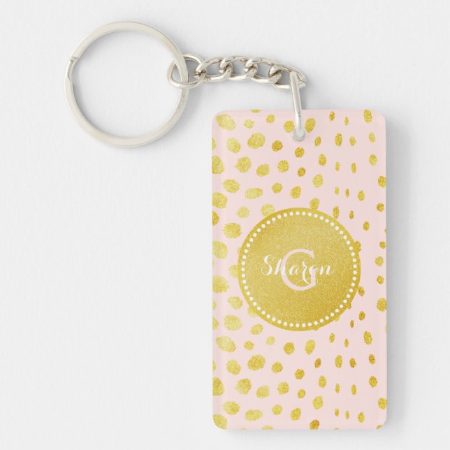 Chic pink faux gold glitter cheetah print monogram keychain (Front)