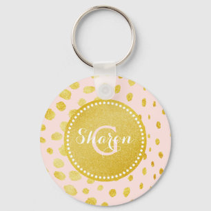 Chic pink faux gold glitter cheetah print monogram keychain