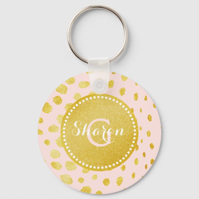 Chic pink faux gold glitter cheetah print monogram keychain (Front)