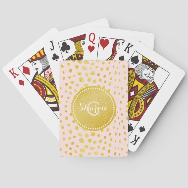 Chic pink faux gold glitter cheetah print monogram poker cards (Back)