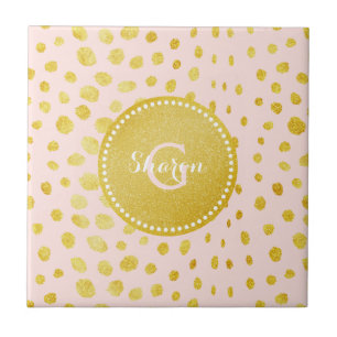 Chic pink faux gold glitter cheetah print monogram tile