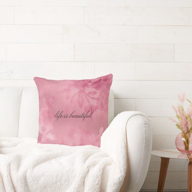Chic Pink Feminine Floral Lace  Throw Pillow (Couch)