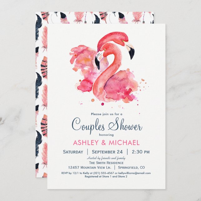 Chic Pink Flamingo Couples Shower Invitation (Front/Back)