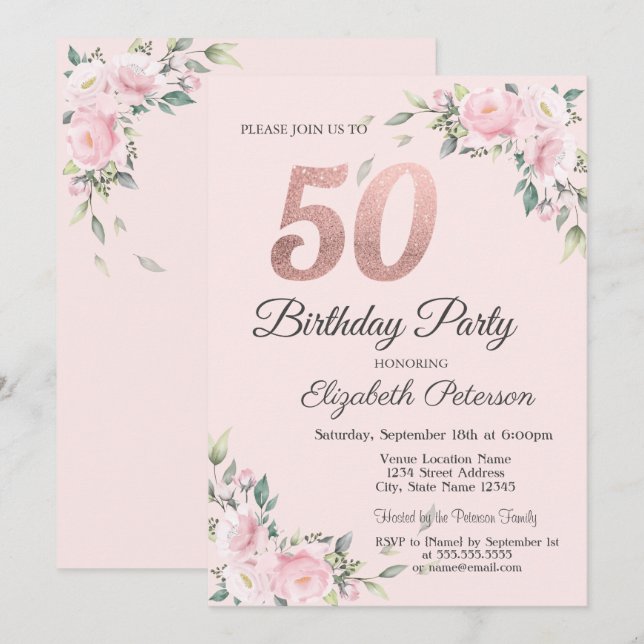 Chic Pink Floral 50th Birthday Party Invitation (Front/Back)