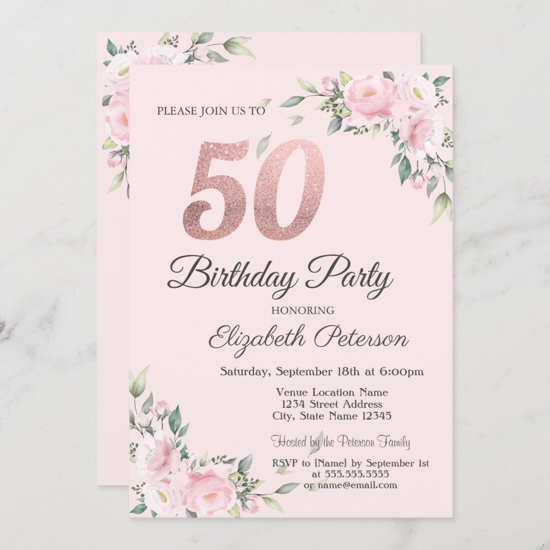 Chic Pink Floral 50th Birthday Party Invitation | Zazzle