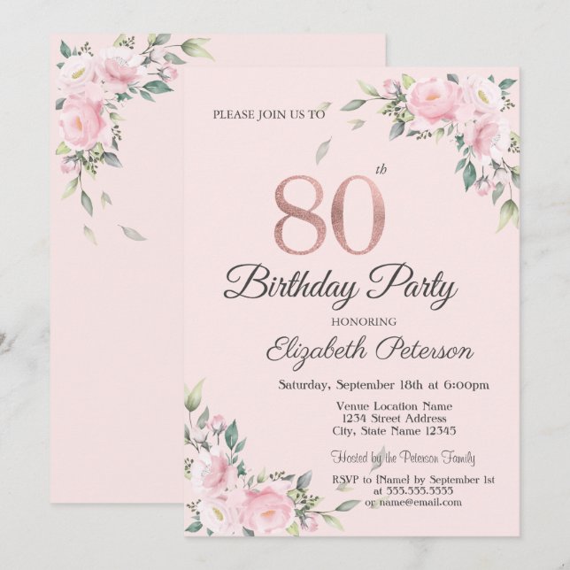 Chic Pink Floral 80th Birthday Party  Invitation (Front/Back)
