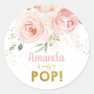 Chic Pink Floral Baby Shower She's Ready to Pop Classic Round Sticker