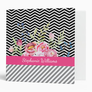 Chic Pink Floral Black and White Chevrons and Name Binder