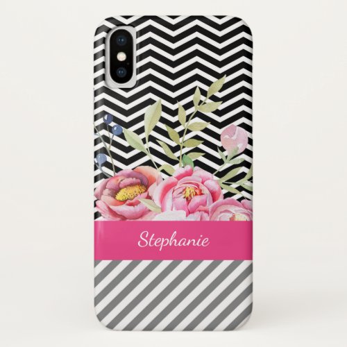 Chic Pink Floral Black and White Chevrons and Name iPhone X Case
