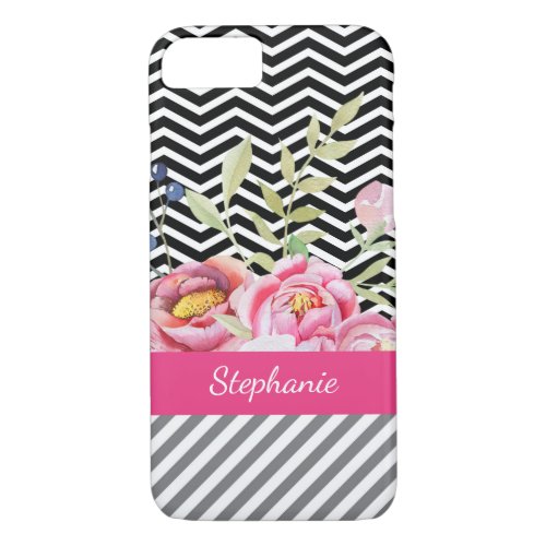 Chic Pink Floral Black and White Chevrons and Name iPhone 87 Case