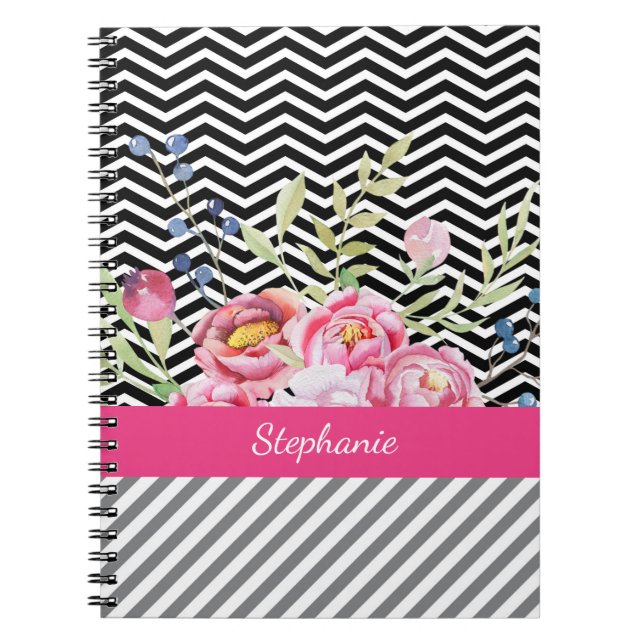 Chic Pink Floral Black and White Chevrons and Name Notebook (Front)