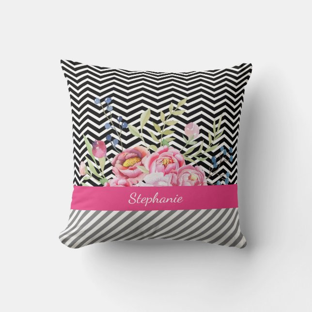 Chic Pink Floral Black and White Chevrons and Name Throw Pillow (Front)