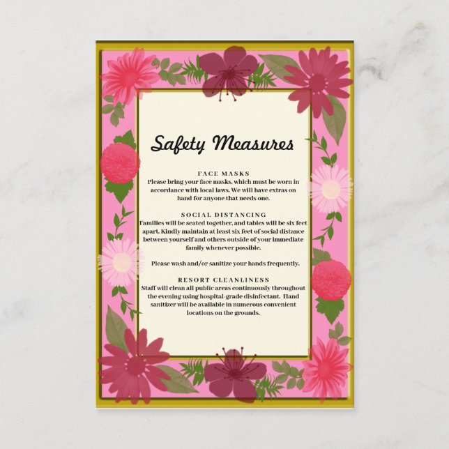 Chic Pink Floral Botanical Safety Measures Enclosure Card (Front)