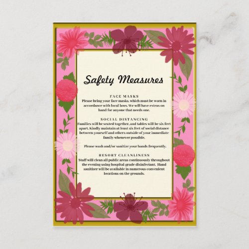 Chic Pink Floral Botanical Safety Measures Enclosure Card