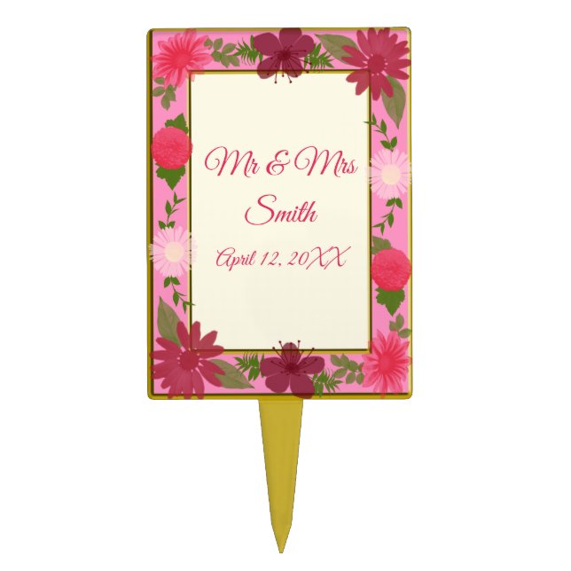 Chic Pink Floral Botanical Wedding Cake Topper (Front)