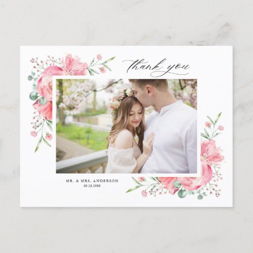 Chic Pink Floral Bouquet Photo Wedding Thank You Postcard