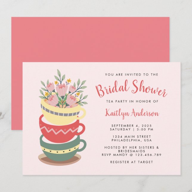 Chic Pink Floral Bridal Shower Tea Party Invitation (Front/Back)