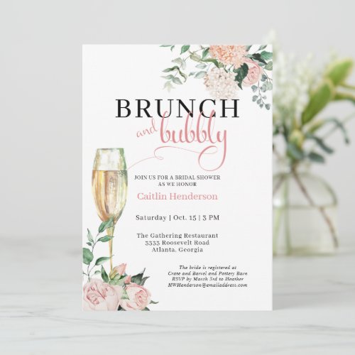 Chic Pink Floral Brunch and Bubbly Bridal Shower Invitation