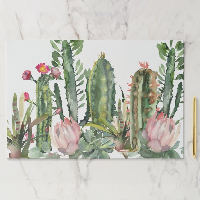 Chic Pink Floral Cacti Foliage Watercolor Placemat (Insitu)