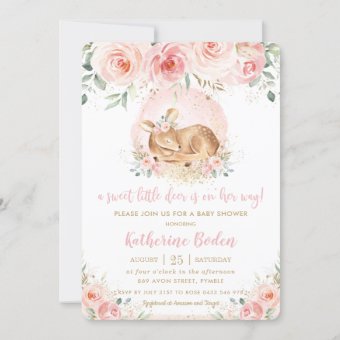 Chic Pink Floral Cute Baby Deer Girl Baby Shower Invitation | Zazzle